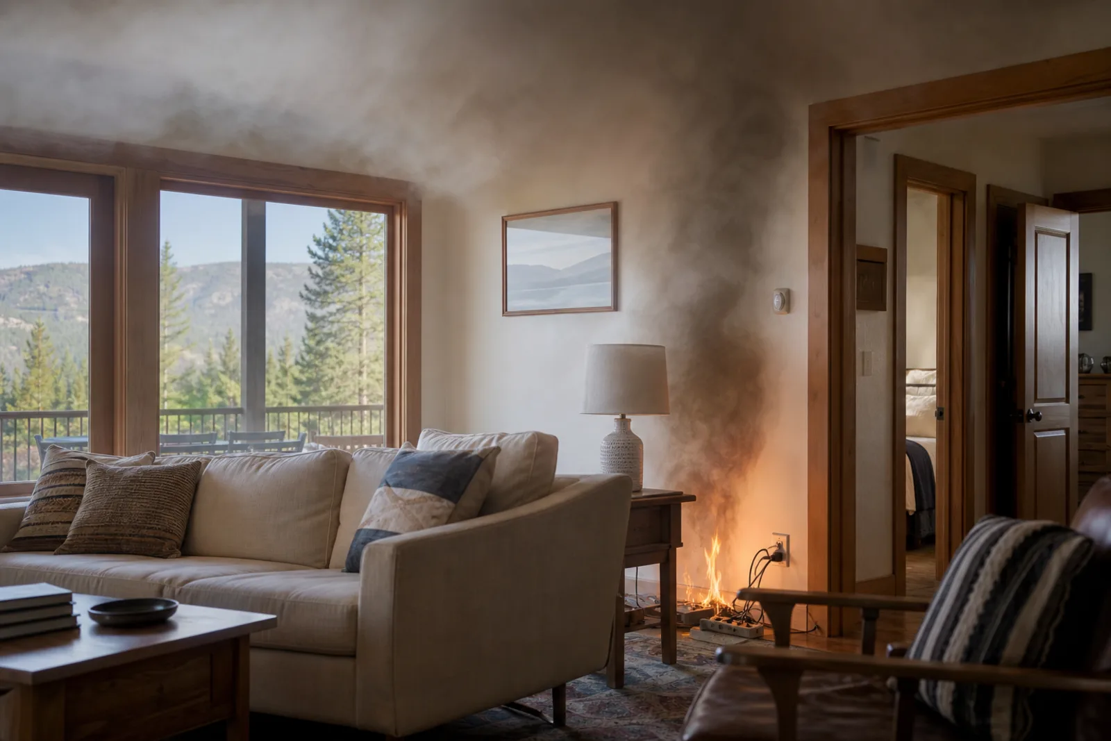 Early-stage electrical fire and smoke developing inside an empty vacation home