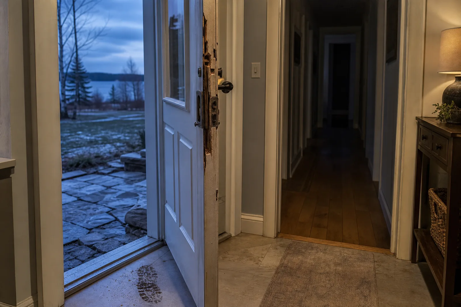 Forced-open door and damaged frame at an otherwise well-kept vacant home