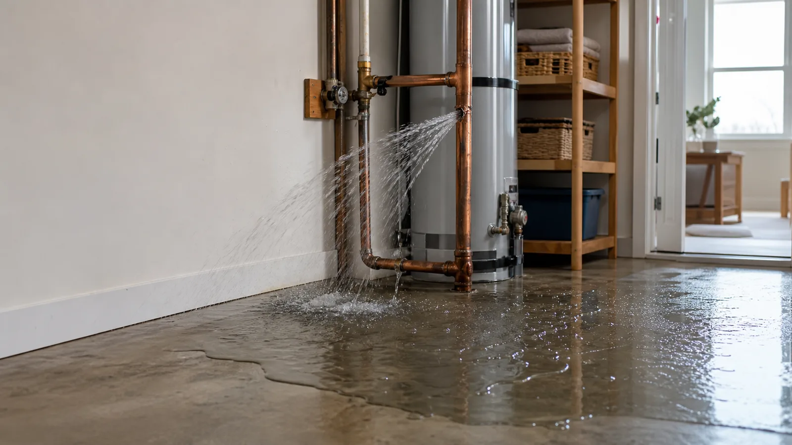 Burst indoor supply pipe spraying water across a vacation-home utility room