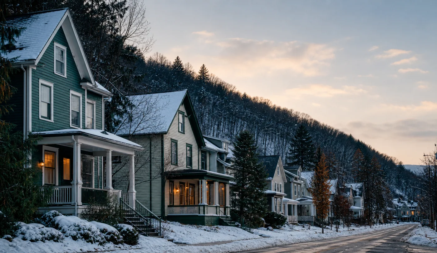 Student rental properties standing quiet during a winter academic break