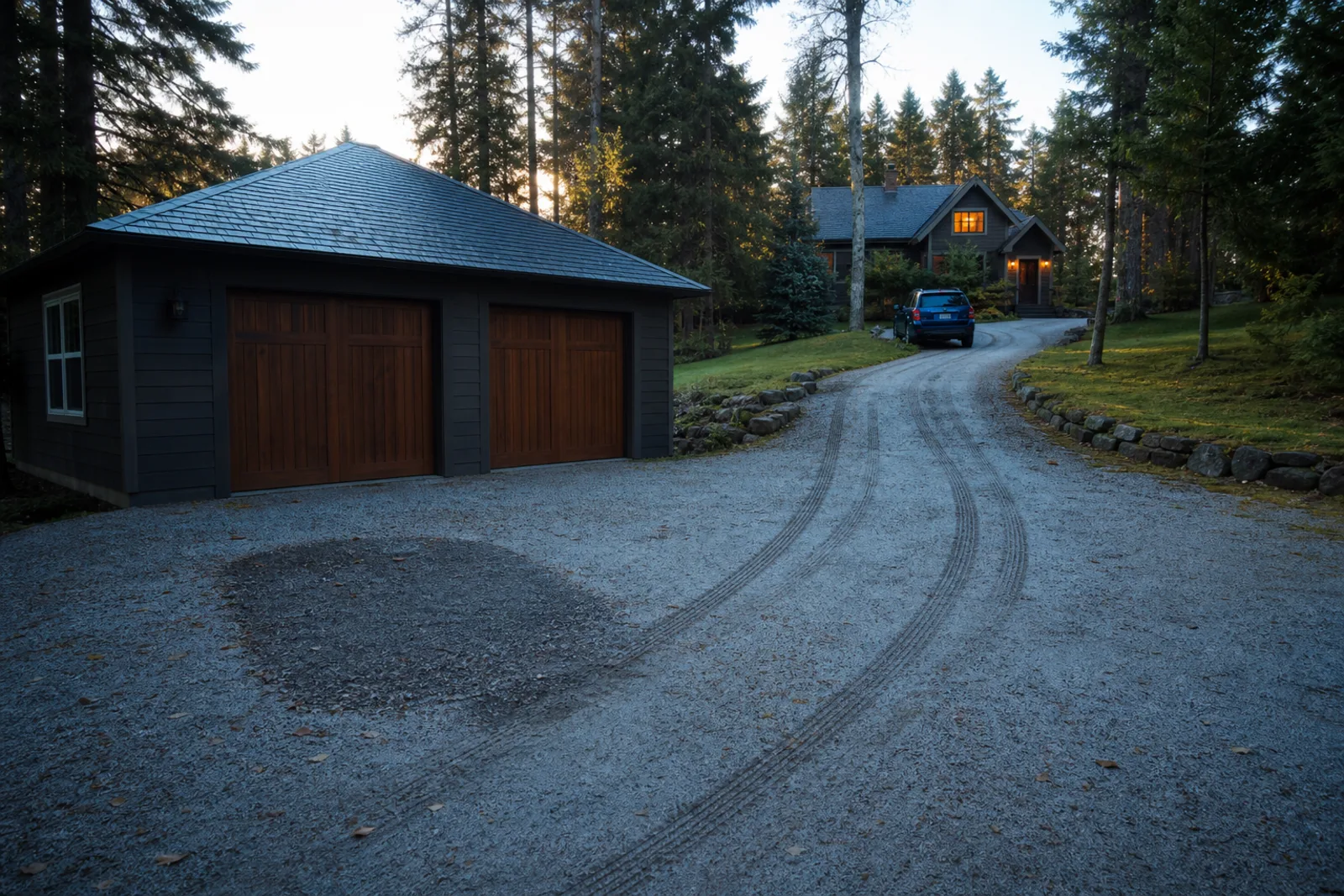 Remote-home driveway with fresh tire tracks where a vehicle had been parked